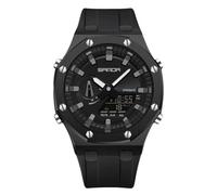 MASTOP Reloj para hombre, combinación digital/analógica, reloj casual de importación japonesa, reloj de acero inoxidable, correa de goma, esfera negra plateada, 3 manecillas, reloj despertador con