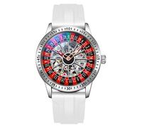 MASTOP Roulette Wheel - Reloj mecánico automático para hombre, esfera giratoria, diseño de esqueleto hueco, acero inoxidable, impermeable, reloj de pulsera de negocios, Hule blanco, Reloj de casino