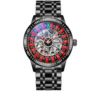 MASTOP Roulette Wheel - Reloj mecánico automático para hombre, esfera giratoria, diseño de esqueleto hueco, acero inoxidable, impermeable, reloj de pulsera de negocios, negro, Reloj de ruleta