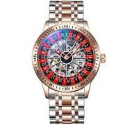 MASTOP Roulette Wheel - Reloj mecánico automático para Hombre, Esfera giratoria, diseño de Esqueleto Hueco, Acero Inoxidable, Impermeable, Reloj de Pulsera de Negocios, Rosa (b), Reloj de Casino con