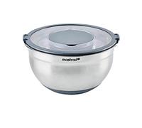 Mastrad F29464 - Cuenco de acero inoxidable (24 cm de diámetro, tapa transparente), base antideslizante de silicona, ideal para la preparación, el servicio y la conservación de los alimentos, 5L, gris