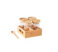 Mastrad - Tarros de especias - Juego de 4 - Tarro de especias de vidrio con tapa de bambú - Soporte de almacenamiento y cuchara incluido - 90 ml