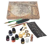 Masyrt Juego de Pluma, Pluma Retro Europea con Botella de Tinta, Sello de Cera, Abridor de Cartas para Escribir Regalo (SP271935R salpicado de oro y verde oscuro