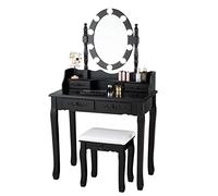 MAT EXPERT Juego de escritorio de tocador con espejo iluminado, cómoda versátil con taburete acolchado y 4 cajones, mesa organizadora de maquillaje con espejo giratorio de 360° y 10 luces ajustables