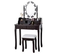 MAT EXPERT Juego de escritorio de tocador con espejo iluminado, cómoda versátil con taburete acolchado y 4 cajones, mesa organizadora de maquillaje con espejo giratorio de 360° y 10 luces ajustables