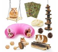 matafat Kit de juguetes de conejillo de indias con divertido túnel de plástico para hámster rosa, juguetes para masticar animales pequeños con chips de heno natural Timoteo, 30 piezas de accesorios