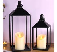 MATAHUM 2 faroles decorativos de granja con velas LED parpadeantes sin llama, linternas de metal negro decorativas para decoración del hogar, chimenea o centro de mesa, decoración de linterna de
