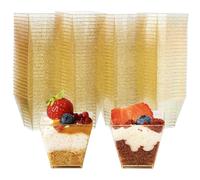 MATANA 100 Vasitos de Postre Individuales de Plástico Reutilizables con Brillo Dorado, 60ml - Cuencos para Aperitivos, Mini Vasos para Postres - Catering, Fiestas, Bodas