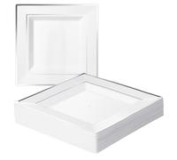 MATANA 20 Platos Cuadrados de Plástico Blanco con Borde Plateado, 24cm - Elegantes, Resistentes y Reutilizables - Bodas, Cumpleaños, Navidad, Barbacoas, Fiestas