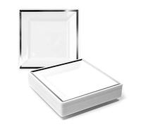 MATANA 20 Platos de Postre Cuadrados de Plástico Blanco Premium con Borde Plateado, 16,5cm - Elegantes, Resistentes y Reutilizables - Bodas, Cumpleaños, Navidad, Barbacoas, Fiestas