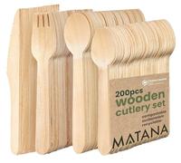 MATANA 200 Cubiertos de Madera Desechables - 50 Cuchillos, 50 Tenedores, 50 Cucharas, 50 Cucharillas - 100% Natural, Ecológico, Biodegradable - Fiestas, Picnics, BBQ, Catering