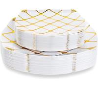 MATANA 40 Platos Cuadrados de Plástico Blanco con Patrón Dorado - 2 Tamaños: 20 x 26cm y 20 x 18cm - Resistentes y Reutilizables - Bodas, Cumpleaños, Navidad, Fiestas