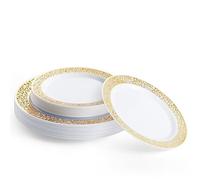 MATANA 40 Platos de Plástico Blanco Premium con Borde Dorado, 2 Tamaños - Elegantes y Reutilizables - Vajilla Resistente para Bodas, Cumpleaños, Catering, Barbacoas, Fiestas