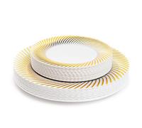 MATANA 40 Platos Premium de Plástico Blanco con Borde Dorado - 2 Tamaños: 20 Grandes y 20 de Postre - Elegantes y Reutilizables - Bodas, Cumpleaños, Navidad, Fiestas