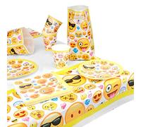 MATANA 76 Piezas de Vajilla Emoji Emoticono de Cumpleaños para Niños - 15 Platos, 15 Vasos, 15 Bolsas de Regalo, 30 Servilletas y 1 Mantel Grande