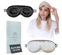 MATASSE - Antifaz de seda para dormir con banda elástica ajustable, contorno 3D, antifaz para dormir con seda de morera auténtica, incluye la correa para mujeres y hombres (negro-champán)