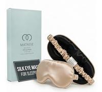 MATASSE - Antifaz de seda para dormir con banda elástica ajustable, contorno 3D, antifaz para dormir con seda de morera auténtica, incluye la correa para mujeres y hombres (negro-champán)