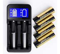 Matbc Paquete de 4 baterías recargables 18650 de 3,7 V con parte superior plana con cargador, batería 18650 de 2800 mAh para luces de jardín al aire libre, faros, linterna, ventilador pequeño