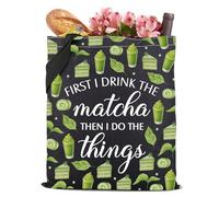 Matcha - Bolsa de lona con texto en inglés "First I Drink The Matcha Tea Lover Gift Green Tea Drinker Barista Matcha Theme" reutilizable para compras, The Matcha Tote Bag3, large