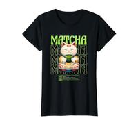 Matcha Cat Kawaii Japonés Otaku Anime Té Verde Estética Camiseta gráfica económica, Mujer, Negro, L