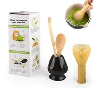 Matcha - Juego de 4 piezas de ceremonia japonesa, batidor Matcha de Resina, cuchara de bambú, pala de bambú, soporte para batidor, el conjunto perfecto para preparar, negro