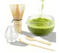 Matcha Juego de 5 piezas, chasen, cuchara, cuenco de cristal con boquilla, soporte para escobas y cucharilla, juego de batidores Matcha, juego de ceremonia de té japonesa para los amantes del matcha