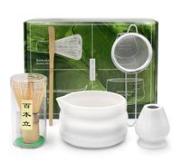 Matcha Kit, 5 Piezas Matcha Set de Japonés Incluye Batidor Bambu te Matcha, Soporte para Batidor, Cuchara, Tazón de Matcha con Pico, Colador de Polvo Matcha, para Ceremonia de té Japonés Tradicional
