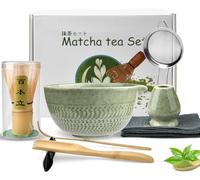 Matcha Kit, 8 Piezas Set Matcha con Cuenco de Cerámica, Batidor de Bambú y Soporte, Cuchara, Pala, Colador y Paño de Cocina, Para Amantes Del Matcha
