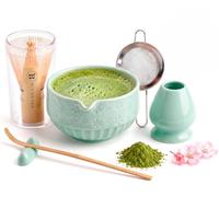 Matcha Kit - Set Matcha con Cuenco de Cerámica, Batidor de Bambú, Cucharilla, Colador, Reposacucharilla, Soporte para Batidor, Paño + Manual - Kit Tradicional de Ceremonia del Té Japonés