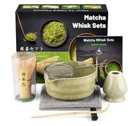 Matcha Set de 7 piezas, broom, tea set con cucharilla, soporte para batidora, escoba, pala y tamiz, accesorios tradicionales de ceremonia japonesa de té, regalo ideal, verde moteado