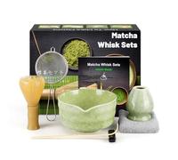 Matcha Set Matcha Japonés Set con Escoba Matcha, Cuenco Matcha de Cerámica, Cuchara Matcha, Batidor de Matcha de Resina, Colador, Paño de té, Accesorios Matcha (7 piezas), Verde