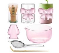 Matcha Set Rosa Matcha Cuenco Matcha Taza Taza con Vaso de Café Helado Bow Iced Coffee Trinkglas,Matcha Colador Matcha Escoba Bambú y Portaescobas 6 Unidades MatchaTee Sets Pink Matcha Latte Set de