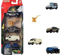 Matchbox Jurassic World - Coches de juguete, camiones y dinosaurios, paquete de 5 con vehículo de juguete fundido a escala 4 1:64 y 1 dinosaurio de la franquicia (los estilos pueden variar)