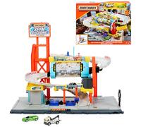 Matchbox Taller de Lavado Spin Cyclone con Corvette y Grúa | Juego de pistas de coche con 2 vehículos a escala 1:64, túnel giratorio de lavado, taller y parking, JGB68