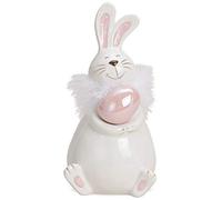 matches21 Conejo de Pascua dulce conejo con huevo de Pascua cerámica blanco rosa decoración de Pascua decoración de primavera - 1 unidad. 7 x 7 x 14 cm