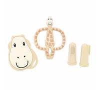 Matchstick Monkey, Antimicrobial Teething Starter Set - 1 Flat Face Teether, 1 Animal Teether, 2 Silicone Finger Toothbrushes, 3 Months Old+, Gigi Giraffe