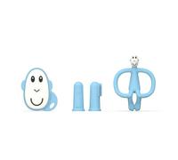 Matchstick Monkey, Antimicrobial Teething Starter Set - 1 Flat Face Teether, 1 Animal Teether, 2 Silicone Finger Toothbrushes, 3 Months Old+, Light Blue Monkey