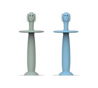 Matchstick Monkey Cepillo de dientes de entrenamiento con tapón, para cepillado independiente, mango de silicona suave fácil de agarrar, protección antimicrobiana, a partir de 3 meses, verde menta y