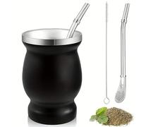 Mate Argentino - Kit Yerba Mate de Doble Pared de Acero Inoxidable con Pajita de Yerba Mate y cepillos para Limpiar la Bombilla Mate, Fácil de Limpiar Juego de Vaso de Yerba Mate de 8oz (Negro)