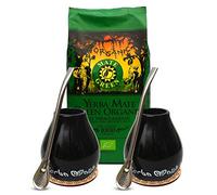 Mate Green Yerba - Juego orgánico orgánico para dos | Yerba Mate Green Bio 1 kg | Dos copas de cerámica de 350 ml | Stainless Steel Liza bombilla Straws 19 cm | Cork Coasters, 1,3 kg