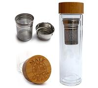 Mate Green Yerba Mate 13599 Botella de té con colador de té, 450 ml, botella de té de vidrio con infusor y capuchón de bambú, colador grande para hierbas, té, hojas, para exteriores, deportes