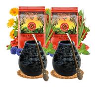 Mate Green Yerba Mate Set para dos | Yerba Mate Té Mas Energia con Guaraná 400g | Marmol Taza Cerámica Azul 350ml | Liza Pajita Acero Inoxidable Bombilla 19 cm | Mate Té hoja suelta 2x200g