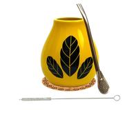 Mate Green Yerba Mate-Tee Kalebasse Set Mate tee becher Hoja Yellow 350ml ● Cerámica mate tee tasse gelb ● Edelstahl trinkhalm Bombilla 19cm ● Korkpad ● Reinigungsbürste ● Keramikmate becher