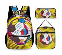 Mateju Estilo Fútbol Colorido 3 Piezas Niña Niño,Mochilas Escolares con Bolsa de Almuerzo y Estuche para Lápices,Ajustable Mochila Escolar Adolescente,Backpack Primaria/Secundaria (Fútbol 3)