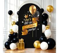Mateju Feliz Cumpleaños Cubierta Telon de Fondo para Arco, Negro y Dorado Telón de Fondo de Elastano Elástico Parte Superior U para Cumpleaños Niños, Fiesta, Banquete (Estilo 3,7.2ft/120x220cm)