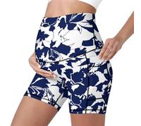 Mateju Leggins Premama Embarazada Cintura Alta Elásticos Pantalones Cortos Embarazada Mujer, Maternidad Pantalones Shorts Ideal para Hogar, Yoga, Deporte, Diario (Flor Azul,XS)