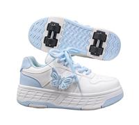 Mateju Mariposa Zapatos con Ruedas para Niñas, 2 en 1 Patines Retráctiles con 4 Ruedas Desmontables, Niños Zapatillas Deportivas Skateboard para Adolescentes, (Azul y Blanco,38)