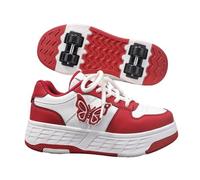 Mateju Mariposa Zapatos con Ruedas para Niñas, 2 en 1 Patines Retráctiles con 4 Ruedas Desmontables, Niños Zapatillas Deportivas Skateboard para Adolescentes, (Rojo y Blanco,38)