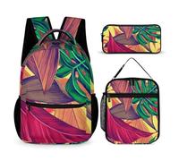Mateju Mochila de Gran Capacidad, Impresión de Plantas Tropicales, Mochilas Escolares Adolescente con Bolsa de Almuerzo, Estuche para Lápices, Mochila Niño Juego de 3 Mochila Infantil (Rosa)