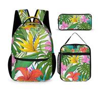 Mateju Mochila de Gran Capacidad, Impresión de Plantas Tropicales, Mochilas Escolares Adolescente con Bolsa de Almuerzo, Estuche para Lápices, Mochila Niño Juego de 3 Mochila Infantil (Strelitzia)